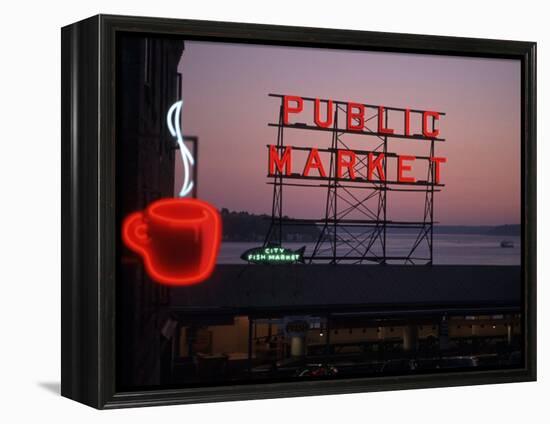 Neon Sign of Coffee Cup at Pike Place Market, Seattle, Washington, USA-Connie Ricca-Framed Premier Image Canvas