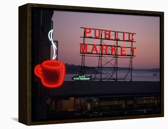 Neon Sign of Coffee Cup at Pike Place Market, Seattle, Washington, USA-Connie Ricca-Framed Premier Image Canvas