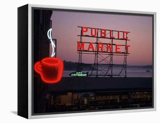 Neon Sign of Coffee Cup at Pike Place Market, Seattle, Washington, USA-Connie Ricca-Framed Premier Image Canvas