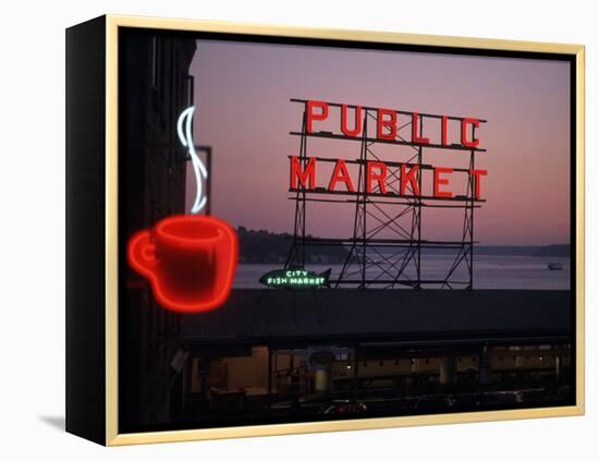 Neon Sign of Coffee Cup at Pike Place Market, Seattle, Washington, USA-Connie Ricca-Framed Premier Image Canvas