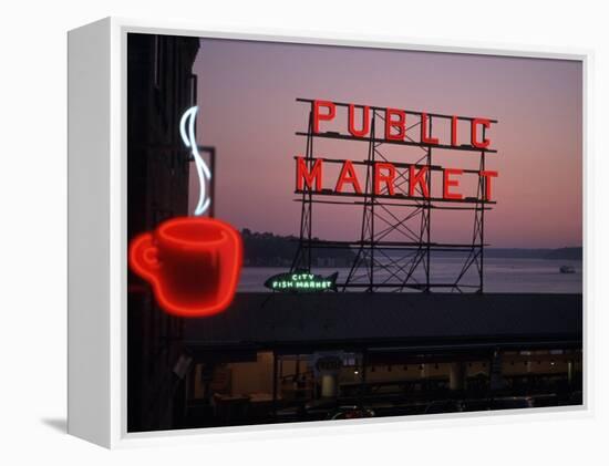 Neon Sign of Coffee Cup at Pike Place Market, Seattle, Washington, USA-Connie Ricca-Framed Premier Image Canvas