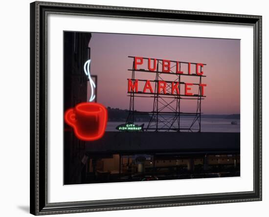 Neon Sign of Coffee Cup at Pike Place Market, Seattle, Washington, USA-Connie Ricca-Framed Photographic Print