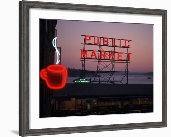 Neon Sign of Coffee Cup at Pike Place Market, Seattle, Washington, USA-Connie Ricca-Framed Photographic Print