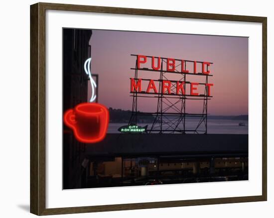 Neon Sign of Coffee Cup at Pike Place Market, Seattle, Washington, USA-Connie Ricca-Framed Photographic Print