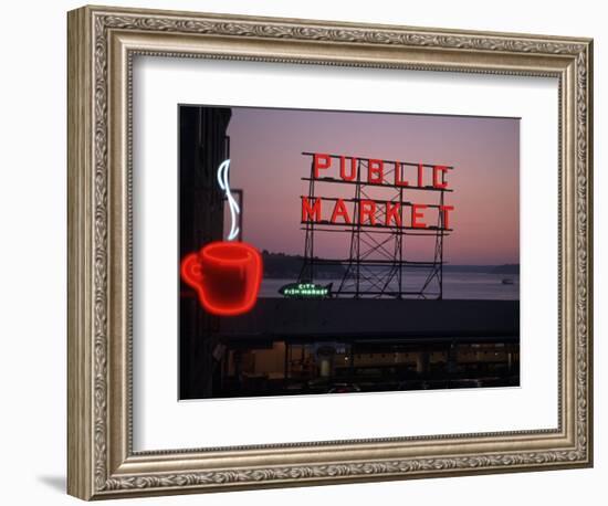 Neon Sign of Coffee Cup at Pike Place Market, Seattle, Washington, USA-Connie Ricca-Framed Photographic Print