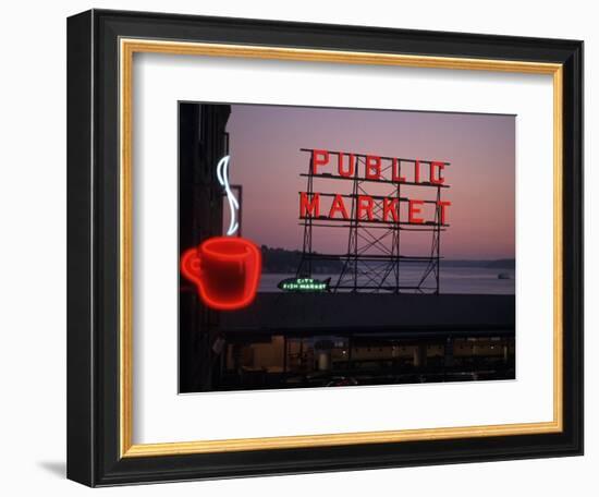 Neon Sign of Coffee Cup at Pike Place Market, Seattle, Washington, USA-Connie Ricca-Framed Photographic Print