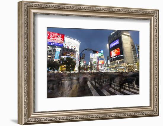 Neon Signs and Pedestrian Crossing (The Scramble) at Night, Shibuya Station, Shibuya, Tokyo, Japan-Stuart Black-Framed Photographic Print