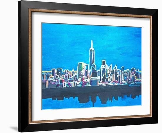 Neon Skyline of New York City Manhattan with One World Trade Center-Martina Bleichner-Framed Art Print