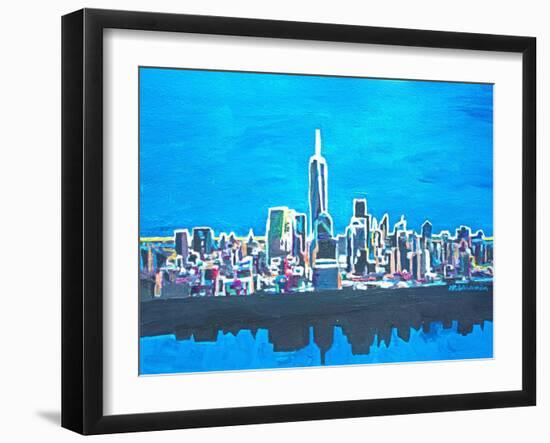 Neon Skyline of New York City Manhattan with One World Trade Center-Martina Bleichner-Framed Art Print