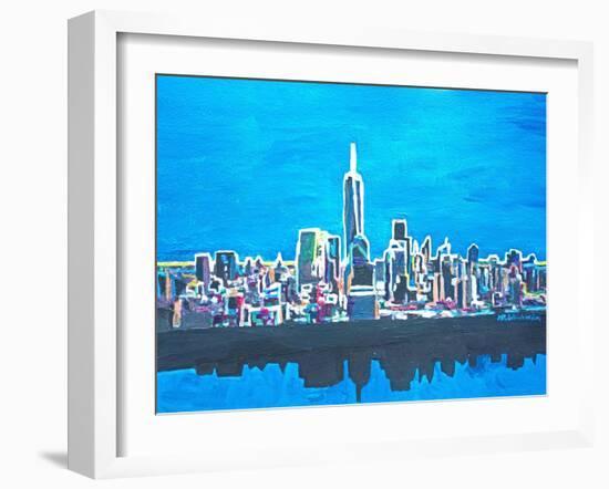 Neon Skyline of New York City Manhattan with One World Trade Center-Martina Bleichner-Framed Art Print