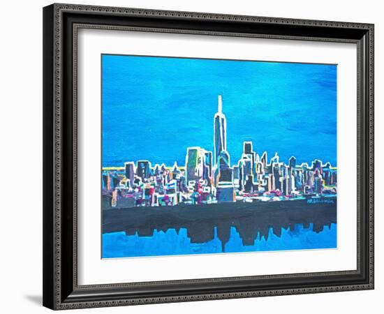 Neon Skyline of New York City Manhattan with One World Trade Center-Martina Bleichner-Framed Art Print