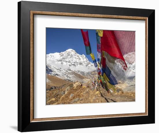 Nepal, Annapurna Conservation Area, Annapurna Base Camp, Annapurna South with prayer flags.-Merrill Images-Framed Photographic Print
