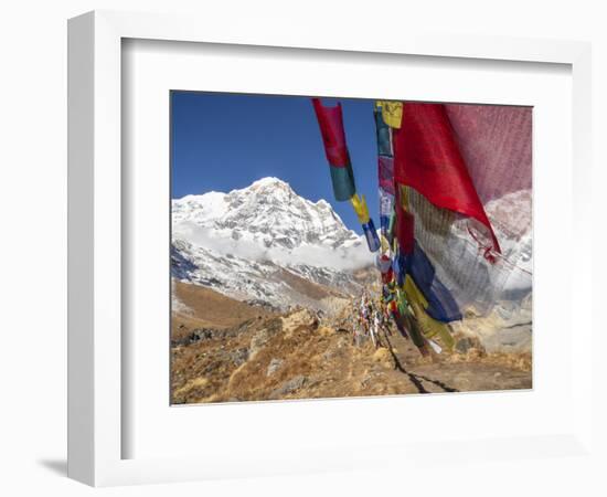 Nepal, Annapurna Conservation Area, Annapurna Base Camp, Annapurna South with prayer flags.-Merrill Images-Framed Photographic Print