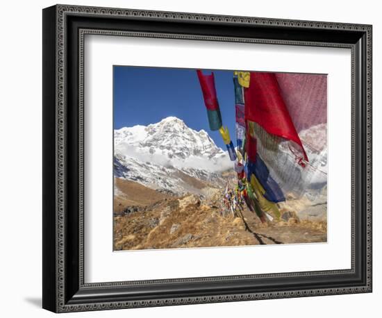 Nepal, Annapurna Conservation Area, Annapurna Base Camp, Annapurna South with prayer flags.-Merrill Images-Framed Photographic Print