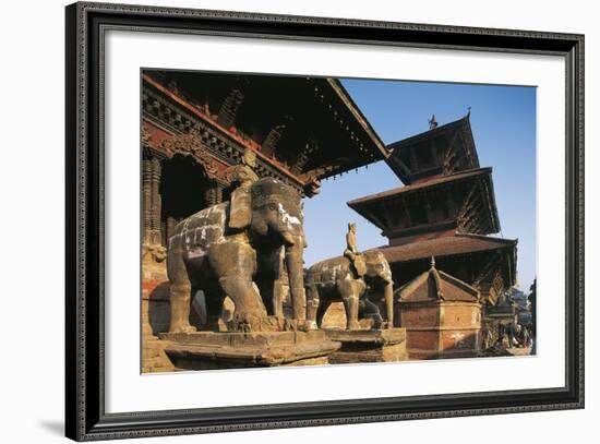 Nepal, Lalitpur, Patan, Elephant Statues Opposite Temples of Vishnata and Bishmen Mandir-null-Framed Giclee Print