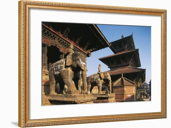 Nepal, Lalitpur, Patan, Elephant Statues Opposite Temples of Vishnata and Bishmen Mandir-null-Framed Giclee Print