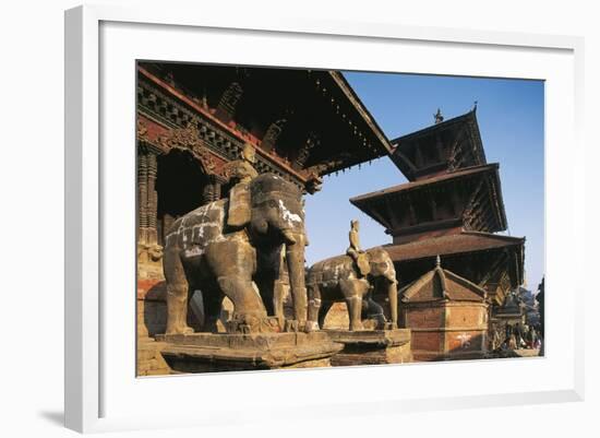 Nepal, Lalitpur, Patan, Elephant Statues Opposite Temples of Vishnata and Bishmen Mandir-null-Framed Giclee Print