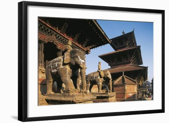 Nepal, Lalitpur, Patan, Elephant Statues Opposite Temples of Vishnata and Bishmen Mandir-null-Framed Giclee Print