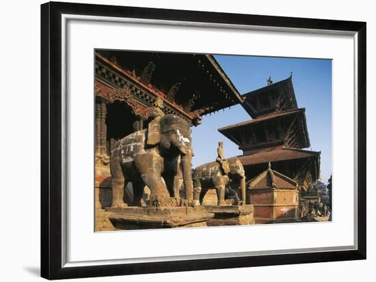 Nepal, Lalitpur, Patan, Elephant Statues Opposite Temples of Vishnata and Bishmen Mandir-null-Framed Giclee Print