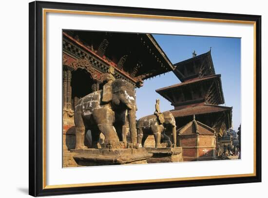 Nepal, Lalitpur, Patan, Elephant Statues Opposite Temples of Vishnata and Bishmen Mandir-null-Framed Giclee Print