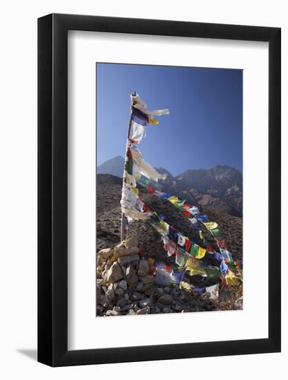 Nepal, Mustang. Prayer Flags Fluttering at Dajori La Pass, High Up Above the Village of Samar.-Katie Garrod-Framed Photographic Print