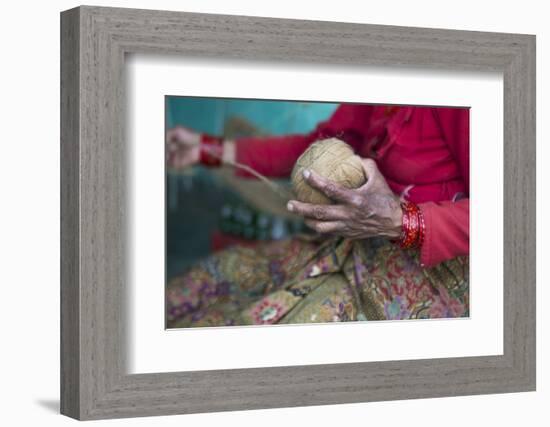 Nepal. Nepali weaving woman, posing and weaving threads for carpets. Nayapati, Eastern Kathmandu.-Bill Bachmann-Framed Photographic Print