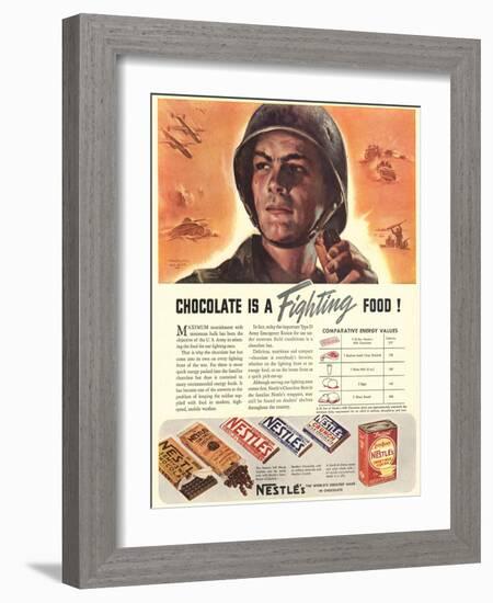 Nestle's, Propaganda Chocolate Sweets WWII Chocolate Is a Fighting Food, USA, 1940-null-Framed Giclee Print