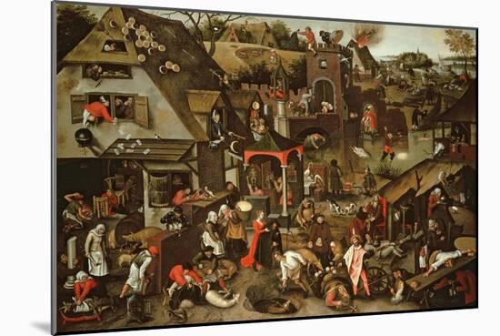 Netherlandish Proverbs Illustrated in a Village Landscape-Pieter Brueghel the Younger-Mounted Giclee Print