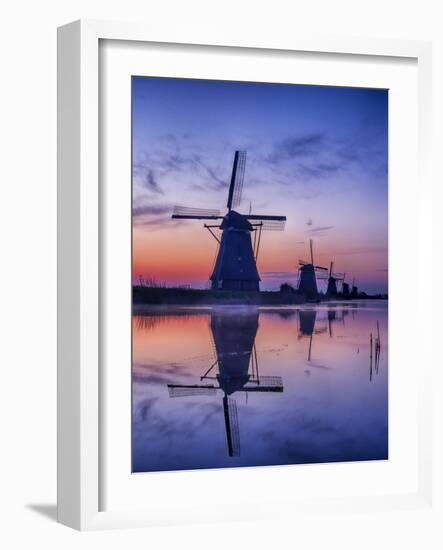 Netherlands, Kinderdijk, Sunrise along the canal with Windmills-Terry Eggers-Framed Photographic Print