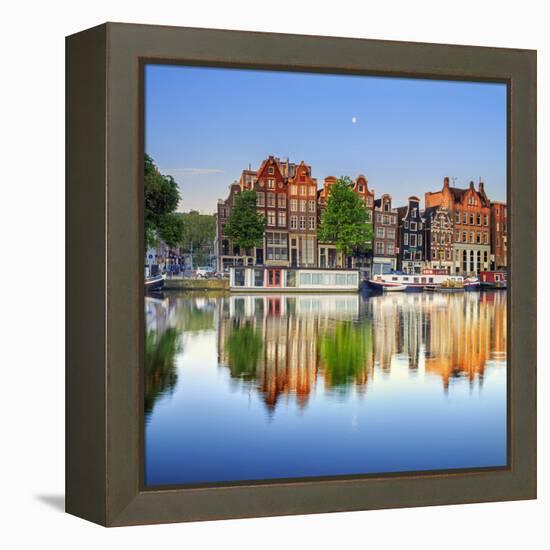 Netherlands, North Holland, Amsterdam. Typical Houses and Houseboats on Amstel River-Francesco Iacobelli-Framed Premier Image Canvas