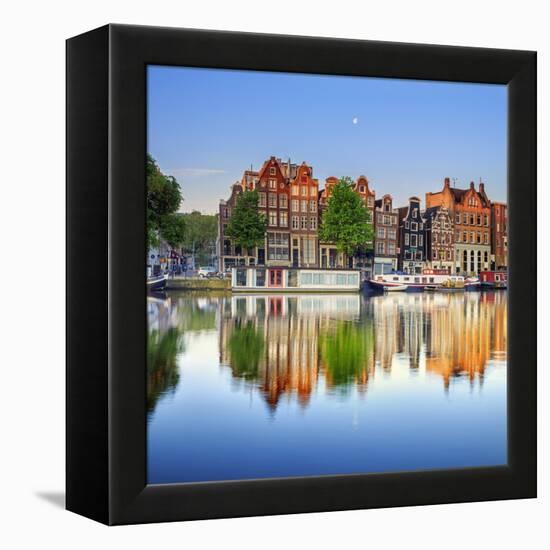 Netherlands, North Holland, Amsterdam. Typical Houses and Houseboats on Amstel River-Francesco Iacobelli-Framed Premier Image Canvas