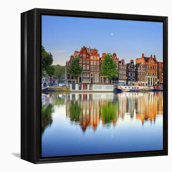 Netherlands, North Holland, Amsterdam. Typical Houses and Houseboats on Amstel River-Francesco Iacobelli-Framed Premier Image Canvas