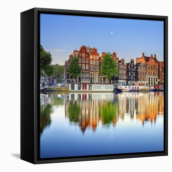 Netherlands, North Holland, Amsterdam. Typical Houses and Houseboats on Amstel River-Francesco Iacobelli-Framed Premier Image Canvas