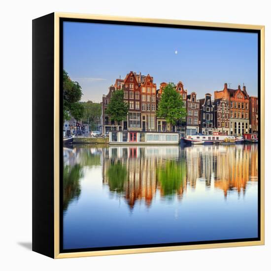 Netherlands, North Holland, Amsterdam. Typical Houses and Houseboats on Amstel River-Francesco Iacobelli-Framed Premier Image Canvas