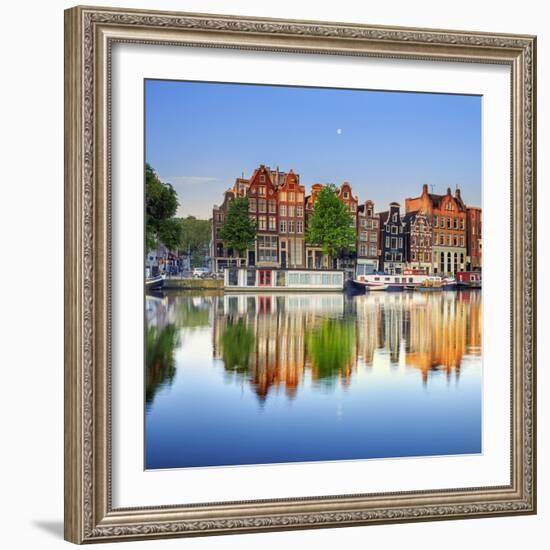 Netherlands, North Holland, Amsterdam. Typical Houses and Houseboats on Amstel River-Francesco Iacobelli-Framed Photographic Print