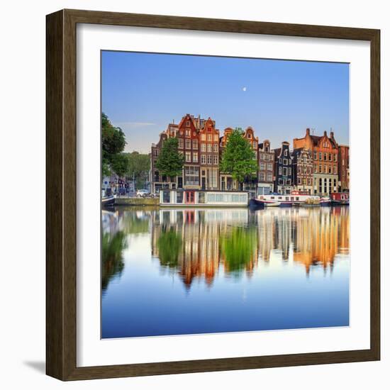 Netherlands, North Holland, Amsterdam. Typical Houses and Houseboats on Amstel River-Francesco Iacobelli-Framed Photographic Print