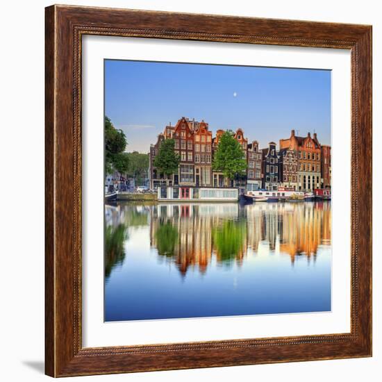 Netherlands, North Holland, Amsterdam. Typical Houses and Houseboats on Amstel River-Francesco Iacobelli-Framed Photographic Print