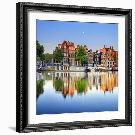 Netherlands, North Holland, Amsterdam. Typical Houses and Houseboats on Amstel River-Francesco Iacobelli-Framed Photographic Print