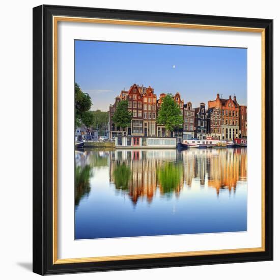 Netherlands, North Holland, Amsterdam. Typical Houses and Houseboats on Amstel River-Francesco Iacobelli-Framed Photographic Print