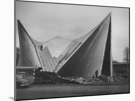 Netherlands Pavilion at Brussels Fair, Designed by Le Corbusier, Shown Being Built-null-Mounted Photographic Print