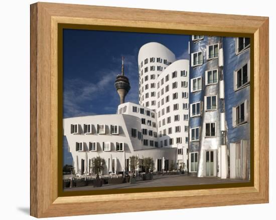 Neuer Zollhof Office Buildings with Rheinturm in Background, Medienhafen, Dusseldorf, Germany, Euro-David Clapp-Framed Premier Image Canvas