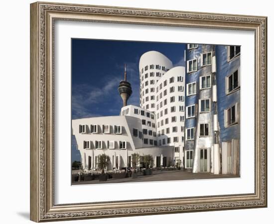 Neuer Zollhof Office Buildings with Rheinturm in Background, Medienhafen, Dusseldorf, Germany, Euro-David Clapp-Framed Photographic Print