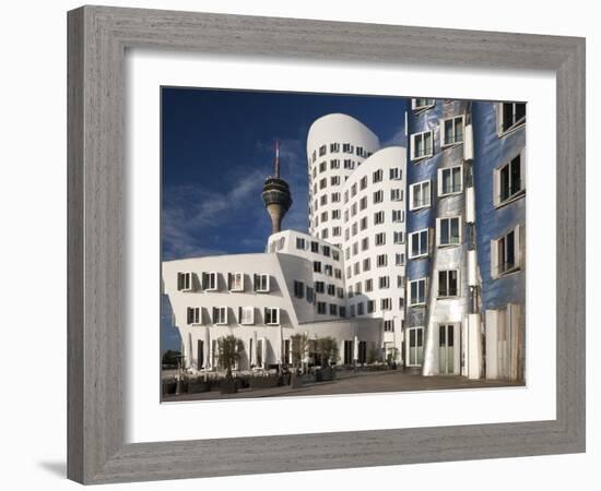 Neuer Zollhof Office Buildings with Rheinturm in Background, Medienhafen, Dusseldorf, Germany, Euro-David Clapp-Framed Photographic Print