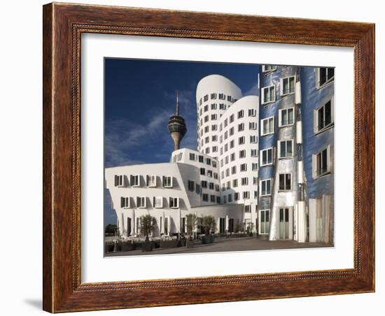 Neuer Zollhof Office Buildings with Rheinturm in Background, Medienhafen, Dusseldorf, Germany, Euro-David Clapp-Framed Photographic Print