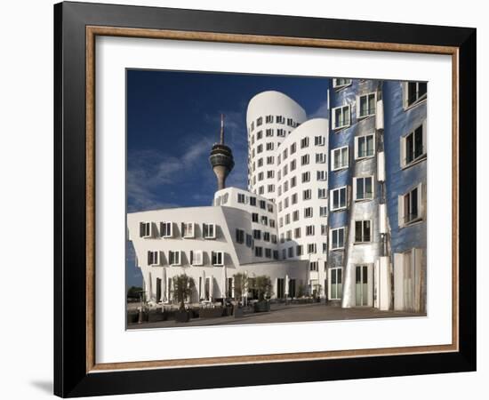 Neuer Zollhof Office Buildings with Rheinturm in Background, Medienhafen, Dusseldorf, Germany, Euro-David Clapp-Framed Photographic Print