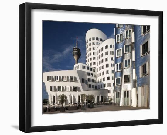 Neuer Zollhof Office Buildings with Rheinturm in Background, Medienhafen, Dusseldorf, Germany, Euro-David Clapp-Framed Photographic Print