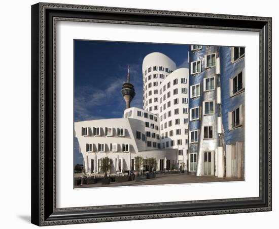 Neuer Zollhof Office Buildings with Rheinturm in Background, Medienhafen, Dusseldorf, Germany, Euro-David Clapp-Framed Photographic Print