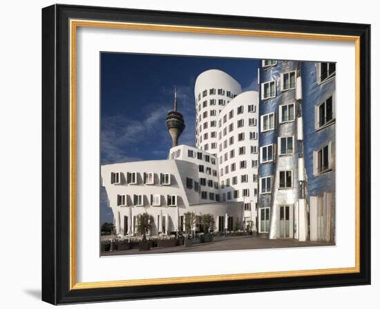 Neuer Zollhof Office Buildings with Rheinturm in Background, Medienhafen, Dusseldorf, Germany, Euro-David Clapp-Framed Photographic Print