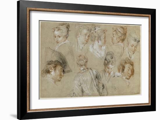 Neuf études de têtes-Jean Antoine Watteau-Framed Giclee Print