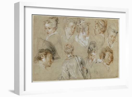 Neuf études de têtes-Jean Antoine Watteau-Framed Giclee Print